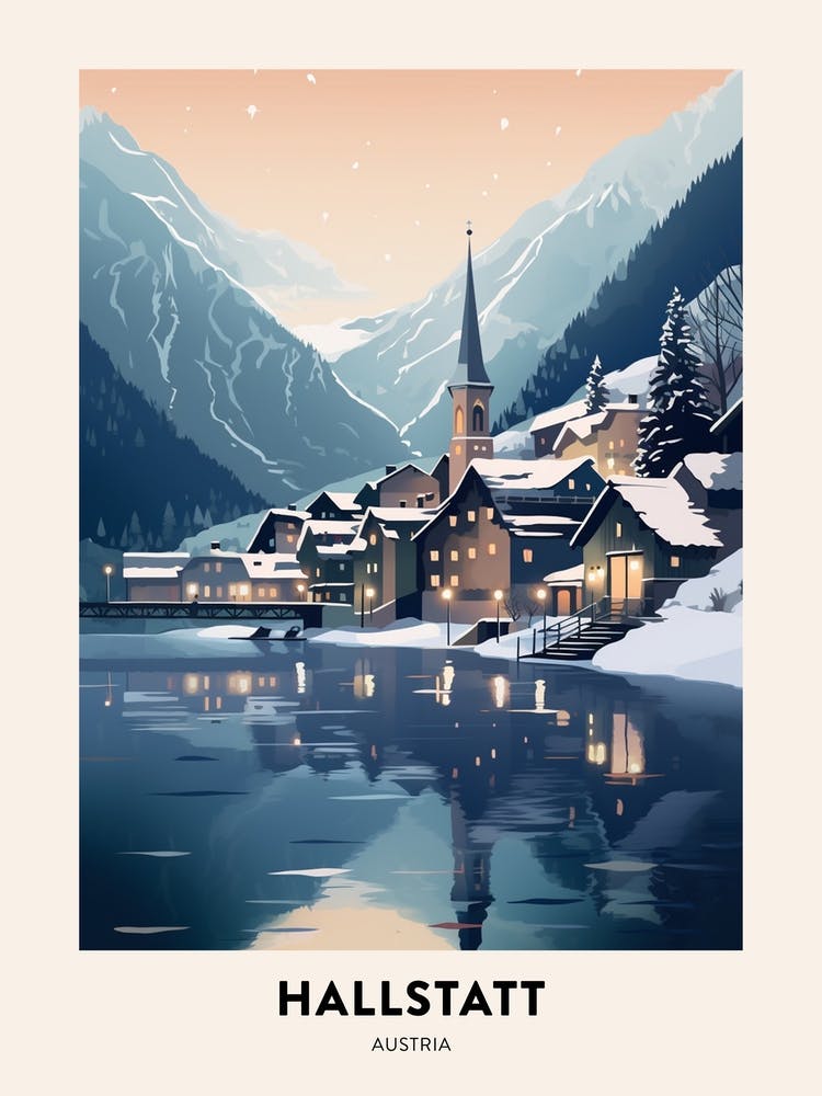 Winter Night  Travel Poster Hallstatt Austria 1