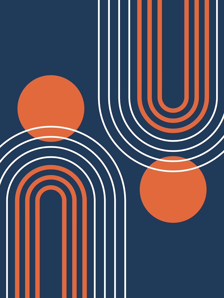 Mid Century Modern Geometric B21 In Navy Blue And Orange (Rainbow And Sun Abstract)