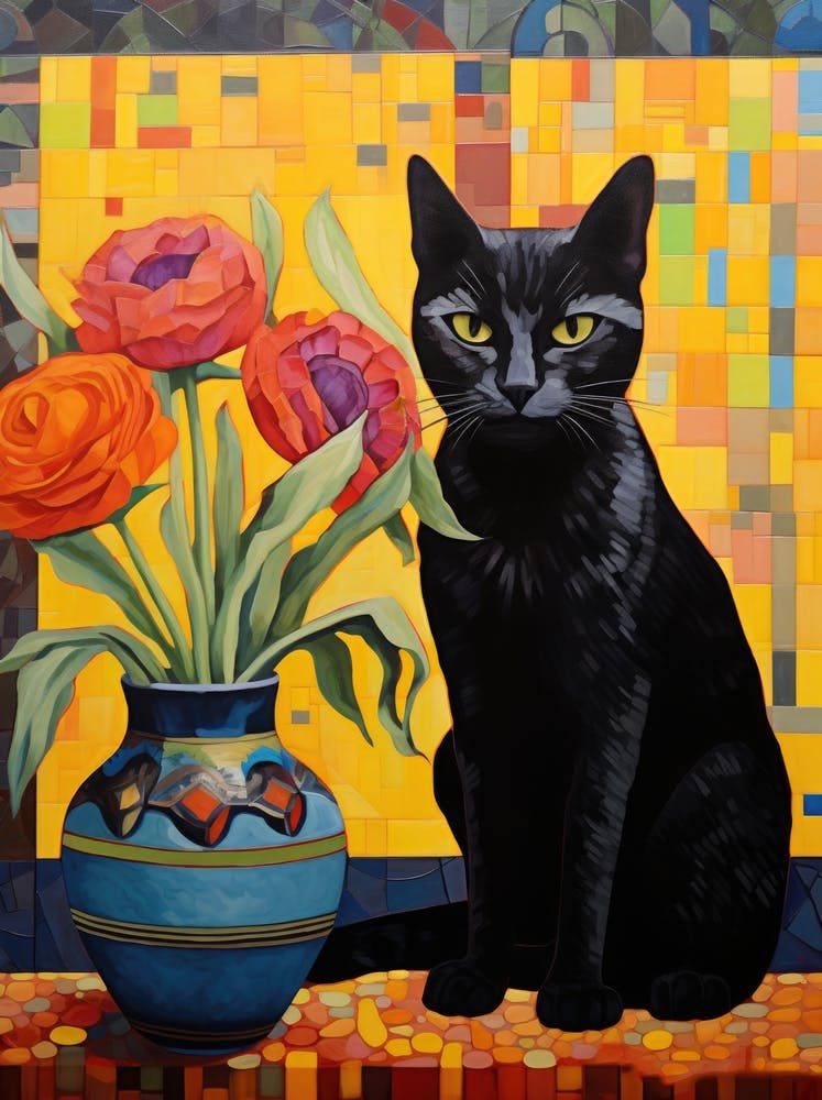 Black Cat With Tulips 1