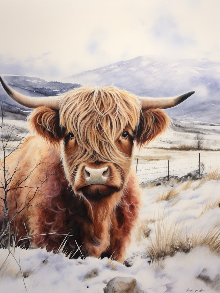 Highland Cow In The Snow Watercolour 2