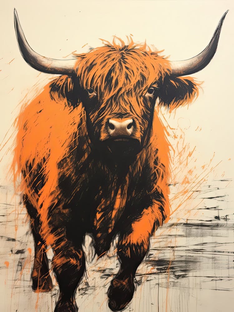 Highland Cattle, Woodblock Animal Drawing 3