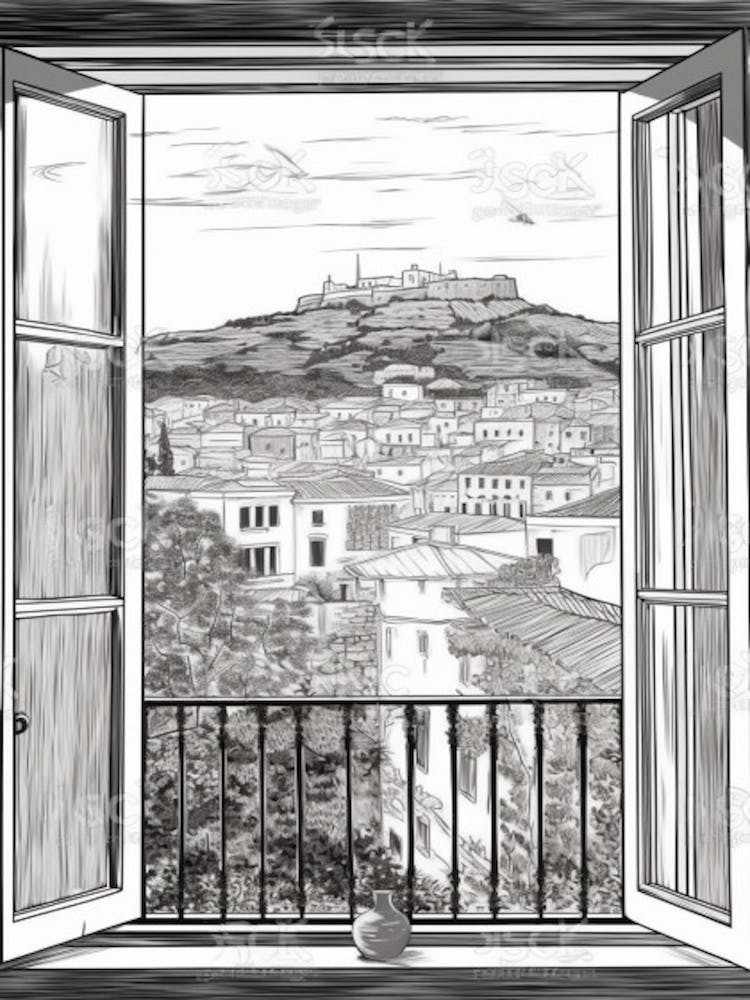 Window View Of Athens Greece   Black And White Colouring Pages Line Art 4