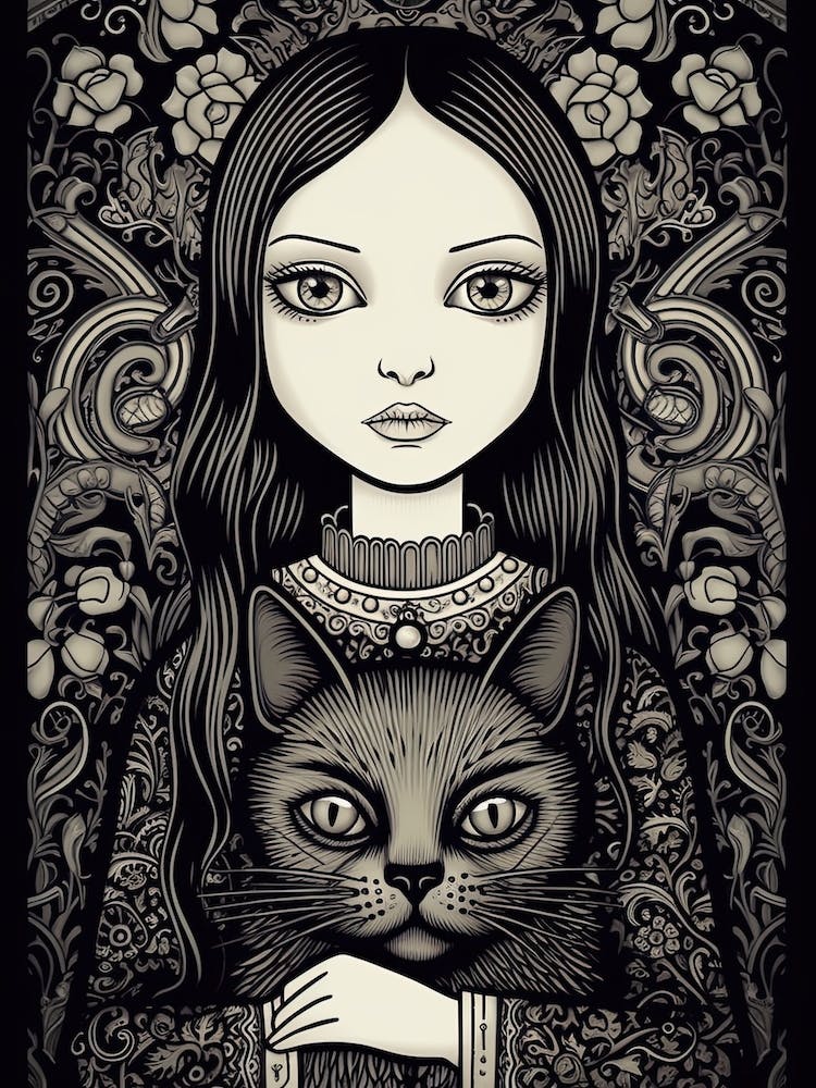 Wednesday Addams And A Cat Line Art Noveau 5 Fan Art