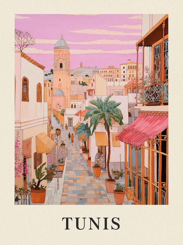 Tunis Tunisia 2 Vintage Pink Travel Illustration Poster