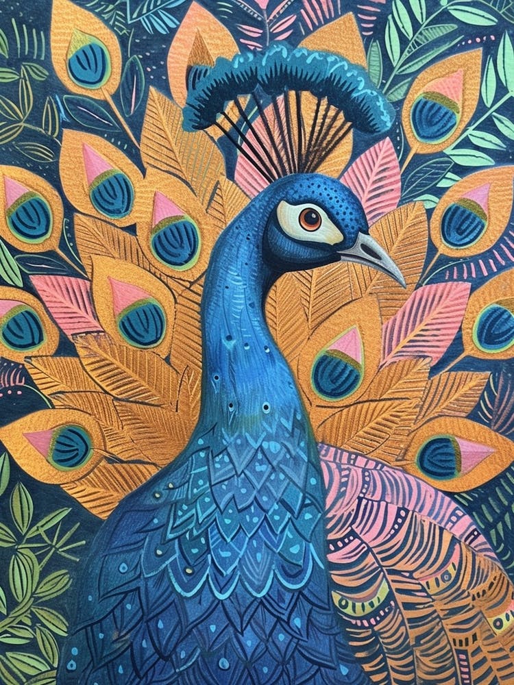 Colourful Folk Inspired Peacock Portrait 1