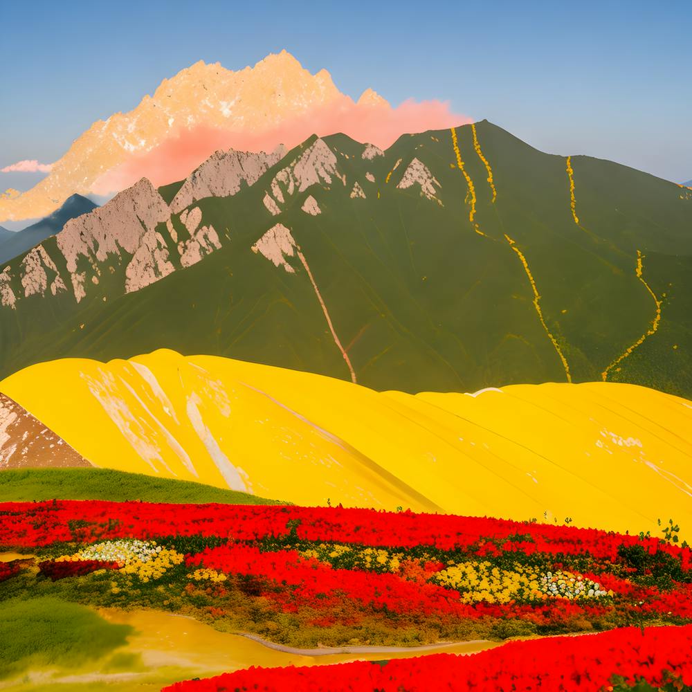 A Large Yellow Mountain With Red Flowers Arranged Below It And A Wide Blue Sky In The Background (1)