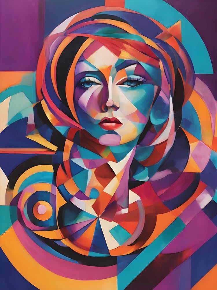 Kit - Abstract Art Deco Geometric Shapes Oil Painting Modernist Inspired Vixen Lady Eyes Face Bold Gold Green Turquoise Red Face Visionary Fantasy Style Wall Decor Surrealism Trippy Cool Room Art Invoke Psychedelic