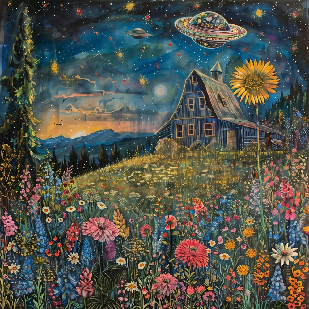 Flower Aliens Visiting Their Children on Earth In a Night Starlight Sky by an Old Barn and Mountains