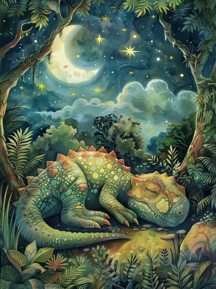 Dinosaur Sleeping Under The Stars Watercolour Storybook Painting 2