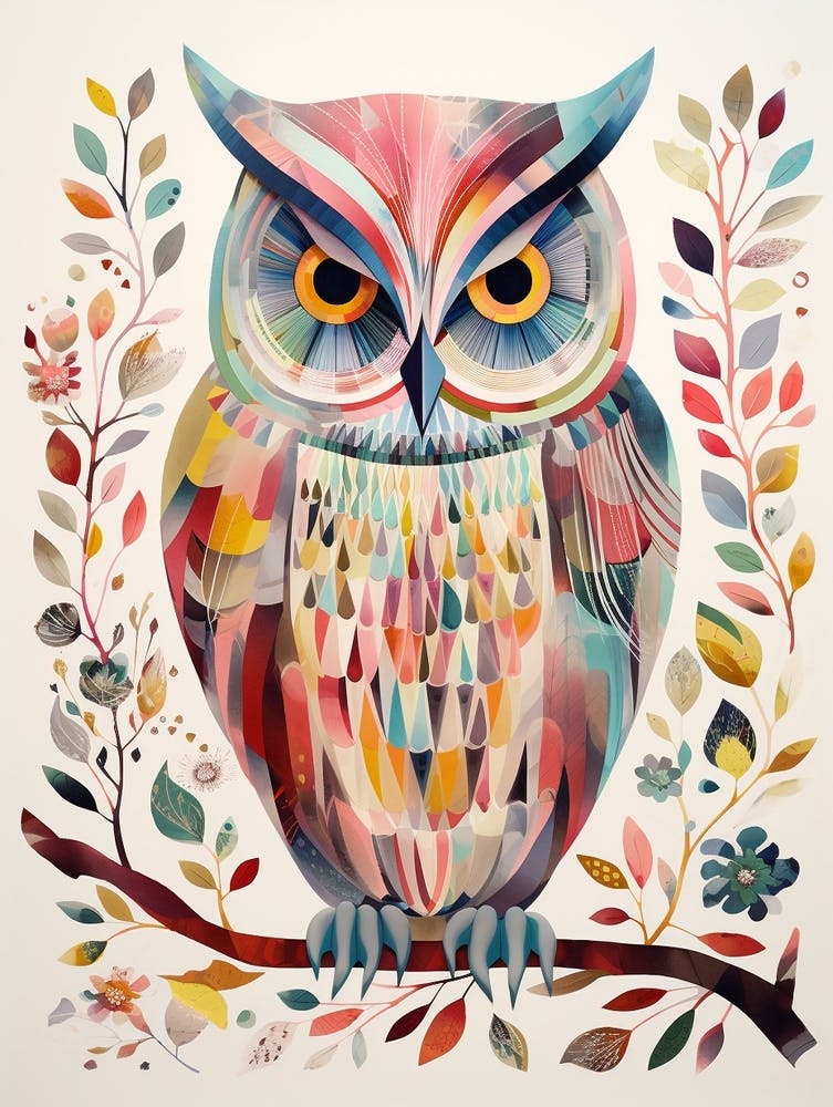 Bird Painting Collage Eastern Screech Owl 4