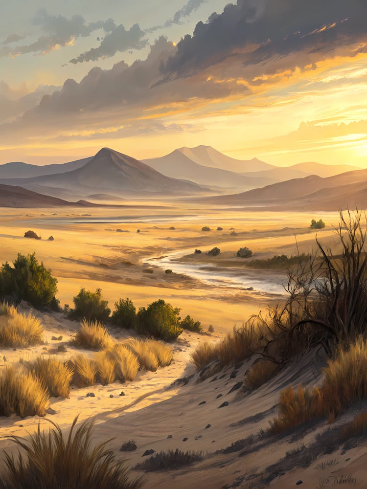 Oil Painting Style Dusk Over Sand Flats