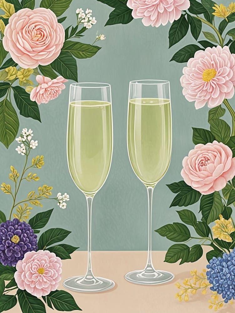 Two Glasses Of Champagne And Flowers