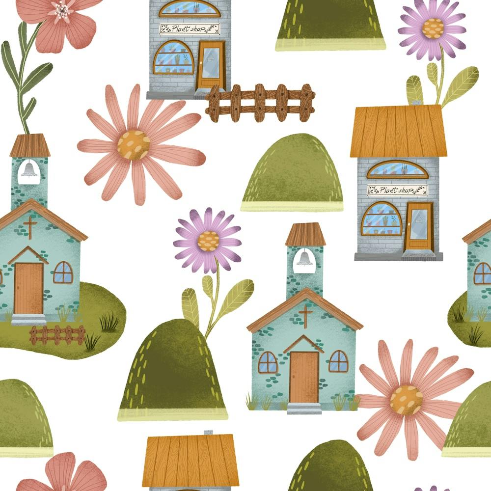 Cottages And Flowers seamless pattern