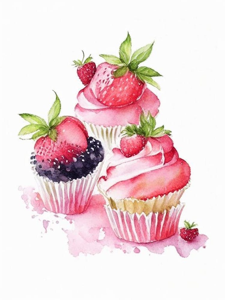 Strawberry Cupcakes, Dessert, Food Watercolour 1