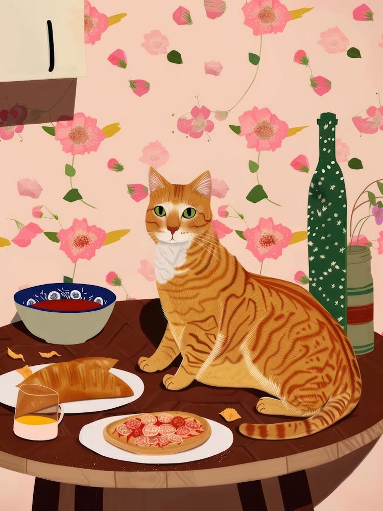 Cat With Pizza And Empanadas