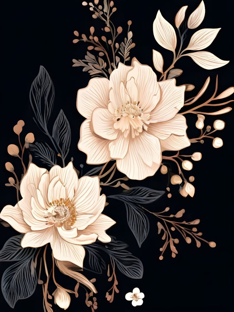 Flowers And Leaves On A Black Background