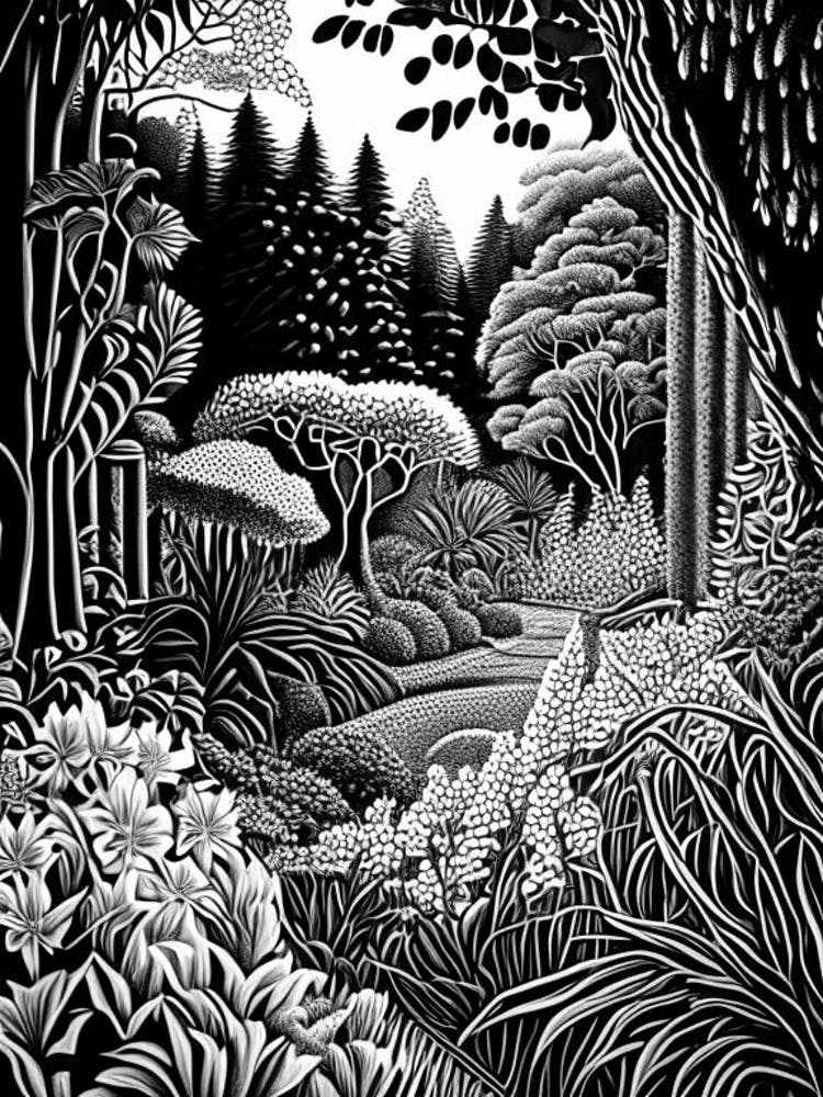 Bodnant Garden, United Kingdom Linocut Black And White Vintage
