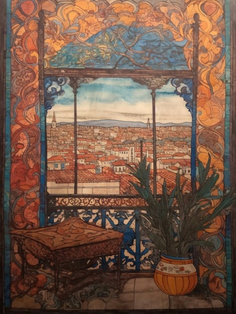 A Window View Of Barcelona In The Style Of Art Nouveau 2