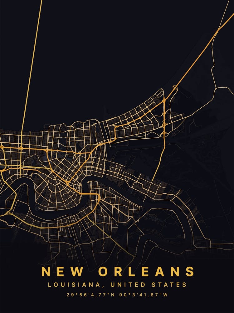 New Orleans Louisiana USA Black And Gold Map
