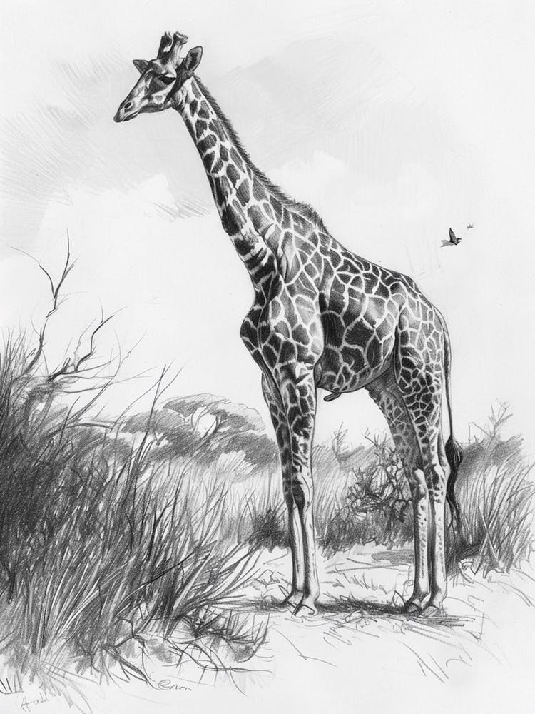 Pencil Portrait Of A Giraffe Standing 1