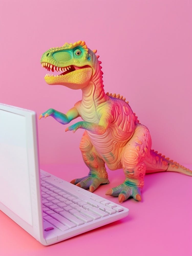 Pastel Toy Dinosaur On The Computer 1