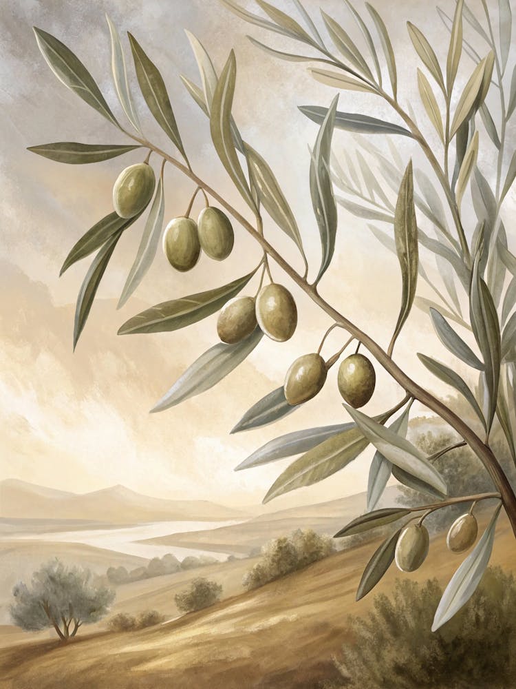 Oil Painting Style Olive Branch In Soft Neutral