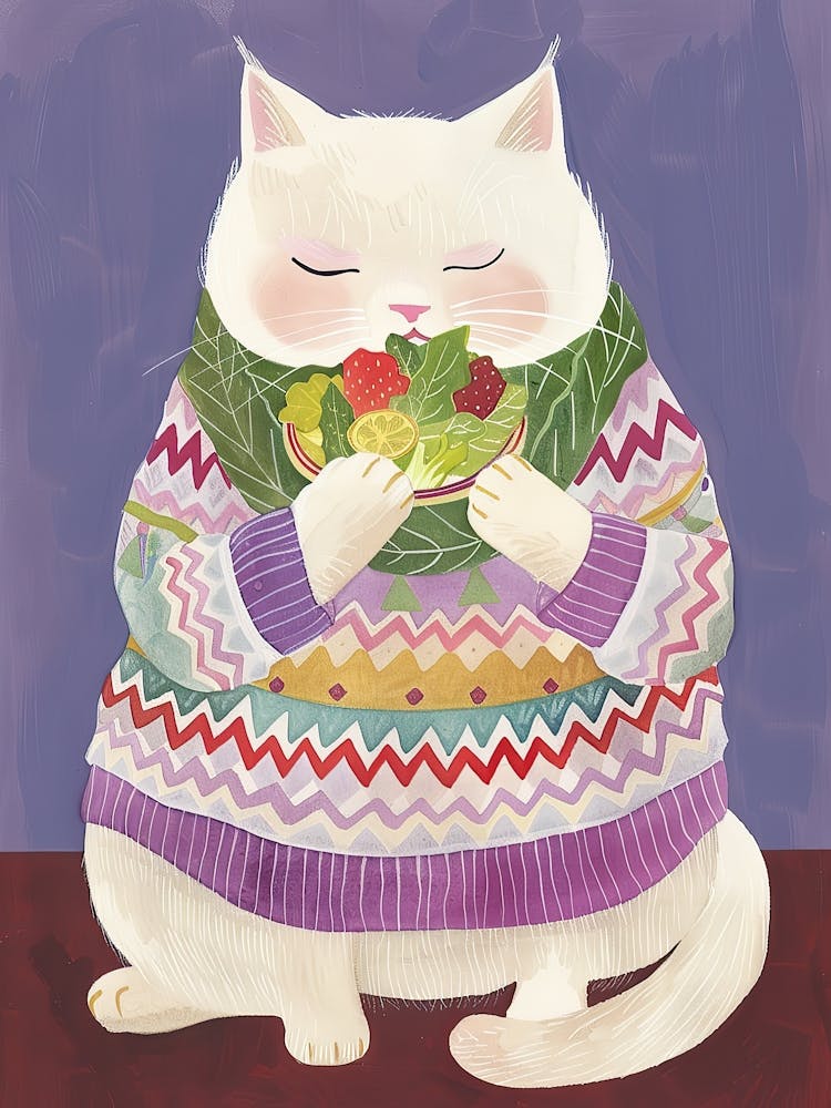 White Cat Salad Lover Folk Illustration 5