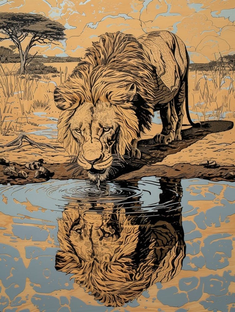African Lion Relief Illustration Drinking 3