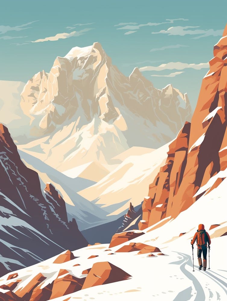 Vintage Winter Travel Illustration Pamir Mountains Tajikistan 2