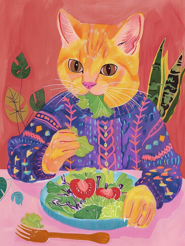 Illustration Folk de Chat Fauve Mangeant une Salade 4