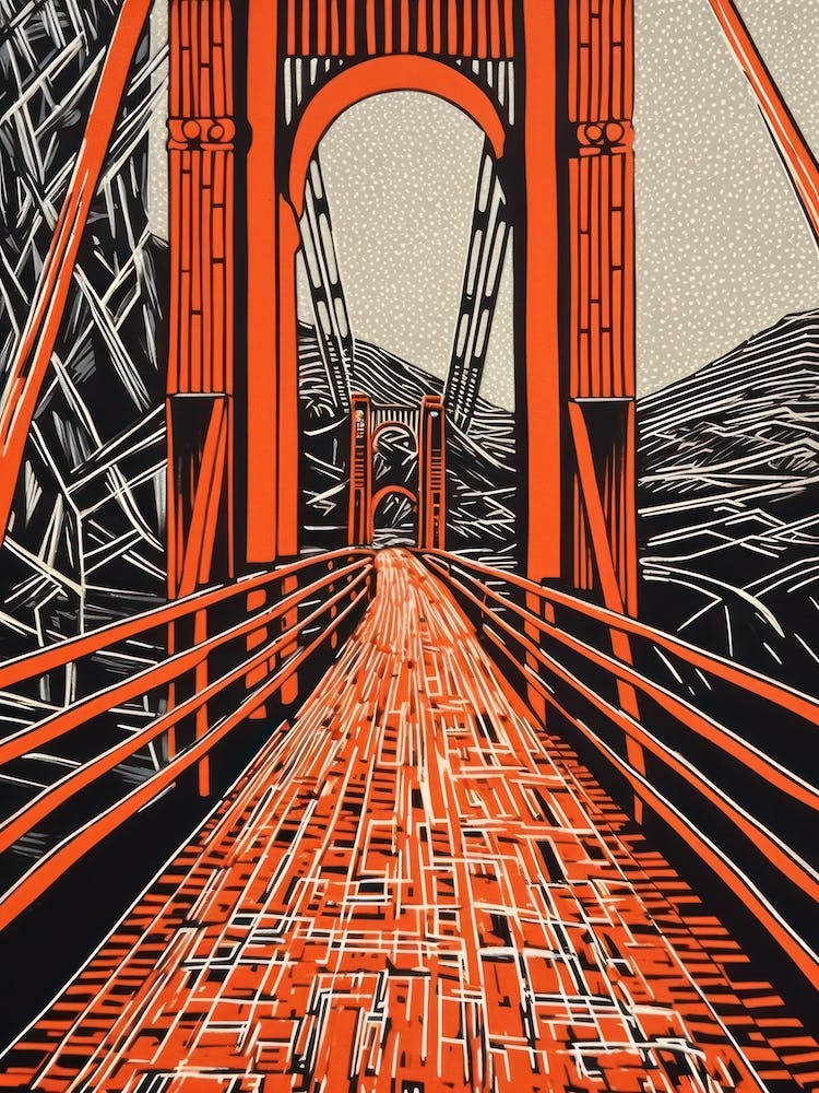 Golden Gate San Francisco Linocut Illustration Style 3