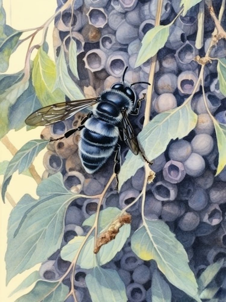 Violet Carpenter Bee Beehive Watercolour Illustration 1