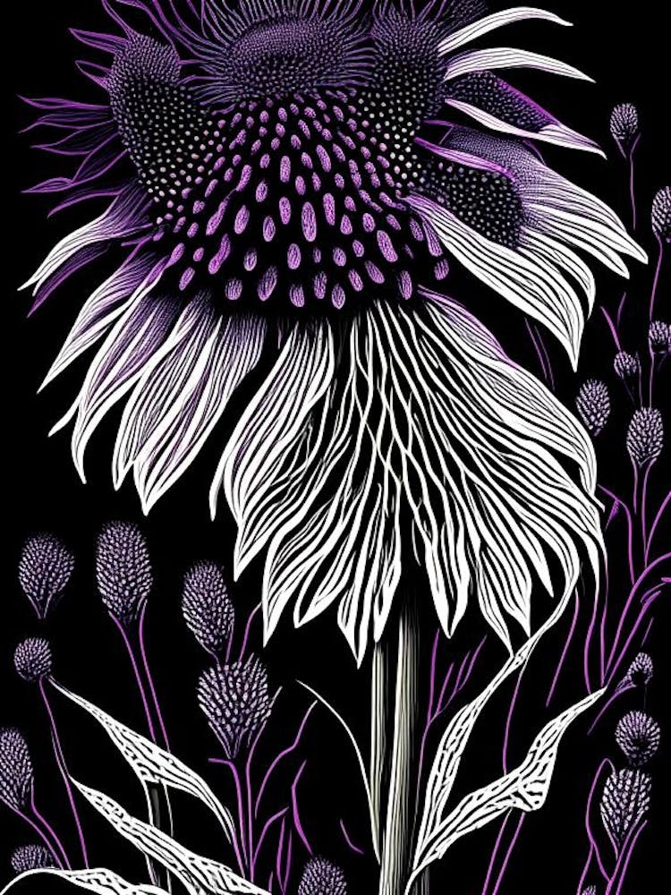 Purple Coneflower Wildflower Linocut 1