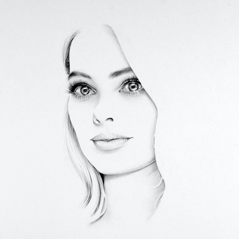 Margot Robbie Barbie Movie Pencil Drawing Portrait Minimal Black and White