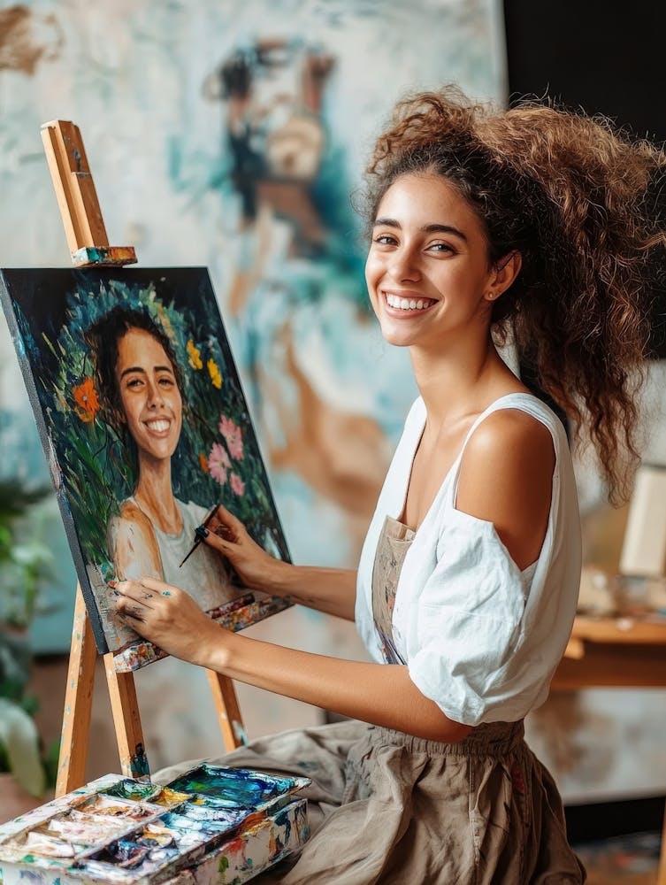 Cheerful Young Woman Painting In Her Art Studio