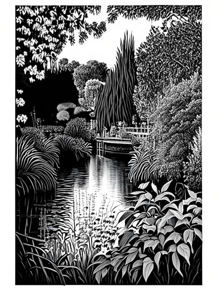 Claude Monet Foundation Gardens, France Linocut Black And White Vintage