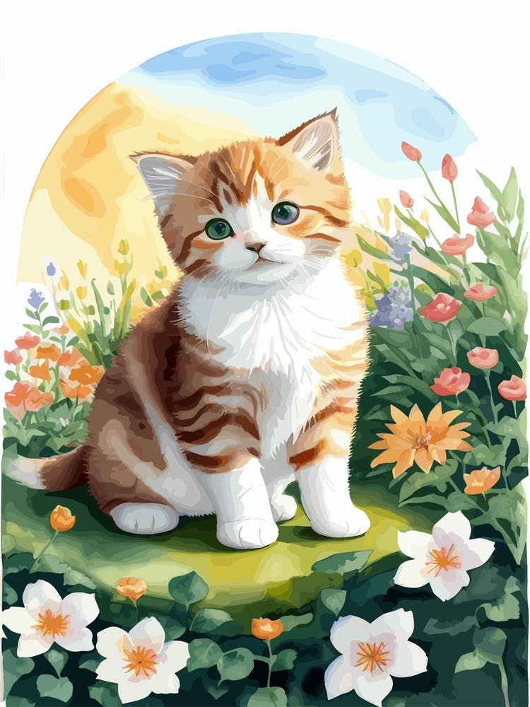 Cute Kitten And Flowers Watercolor 6