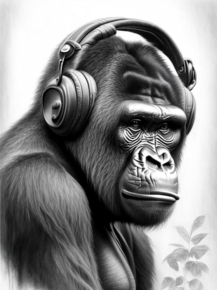 Gorilla With Headphones Gorillas Greyscale Sketch 1