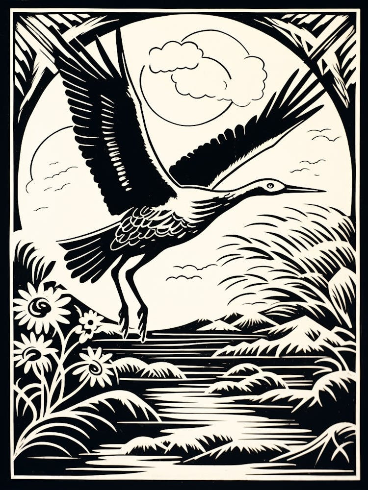 B&W Bird Linocut Stork 3