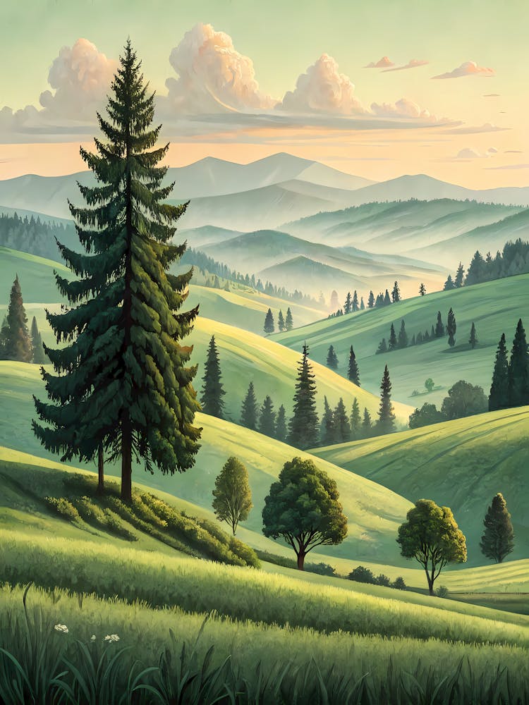 Rolling Green Meadows With Tall Evergreens Faded (1)