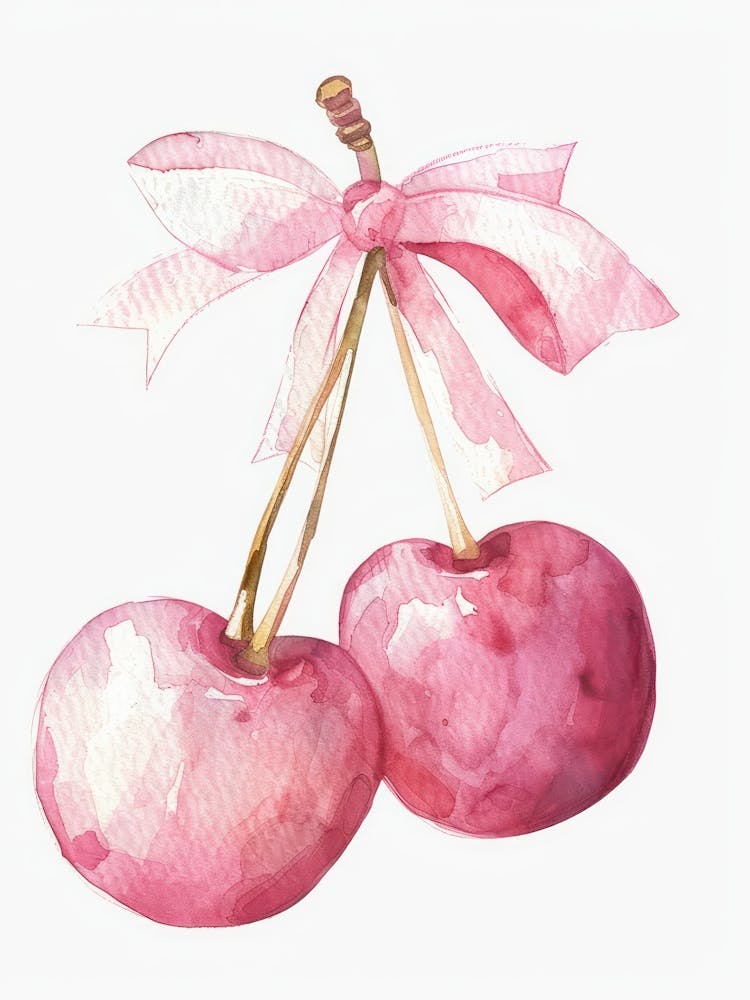 Cherries And Bow Painting Trendy Retro Watercolour Coquette Kitchen