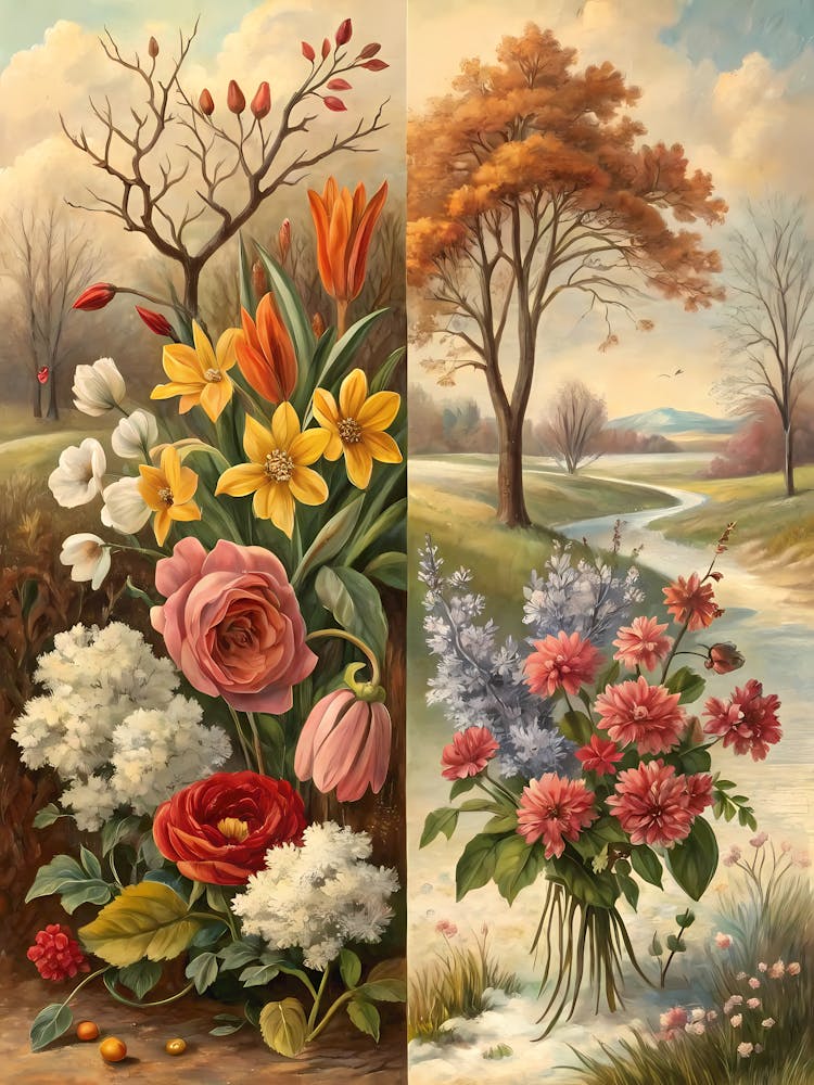 Oil Painting Style Vintage Floral Collage Four Seasons Botanical Art