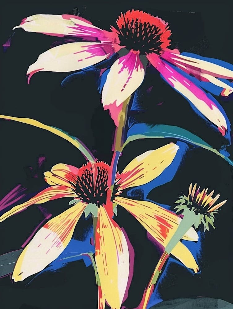 Neon Flowers On Black Coneflower 1