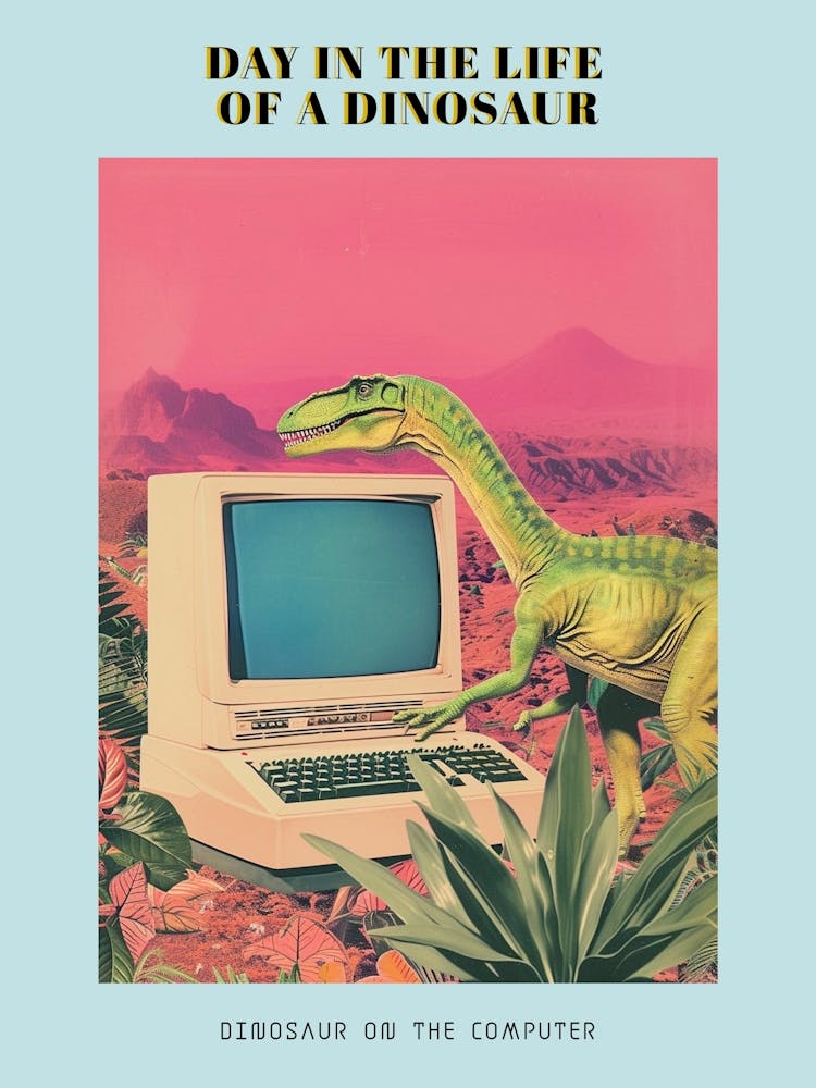 Dinosaur At A Computer Retro Collage 3 Poster