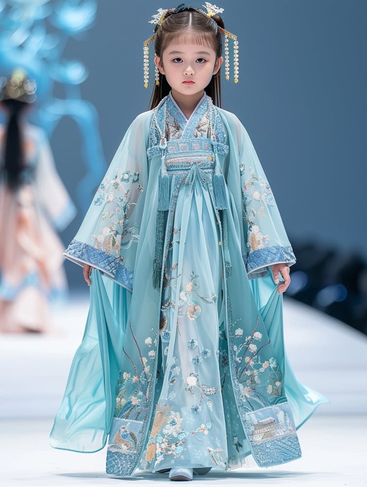 Children S Hanfu Catwalk, Front, Full Body Shot, A Cute Little Girl With Big Eyes Walks On The Catwalk, Wearing A Hanfu Made Of Silk, Ice Silk Material, Light Cyan Blue, Light Background, 1