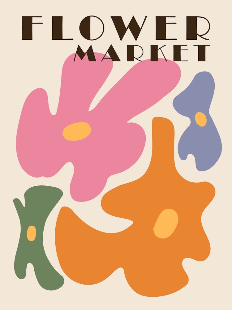 Flower market, Colorful retro print, Indie decor, Groovy abstract flowers