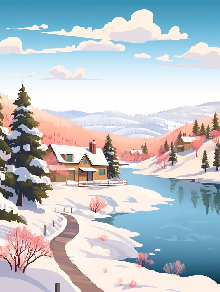 Vintage Winter Travel Illustration Big Bear Lake California 3