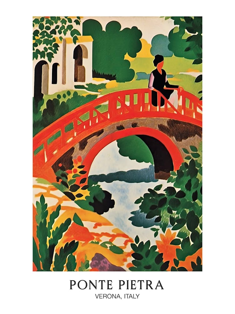 Ponte Pietra, Verona, Italy Colourful 3 Travel Poster