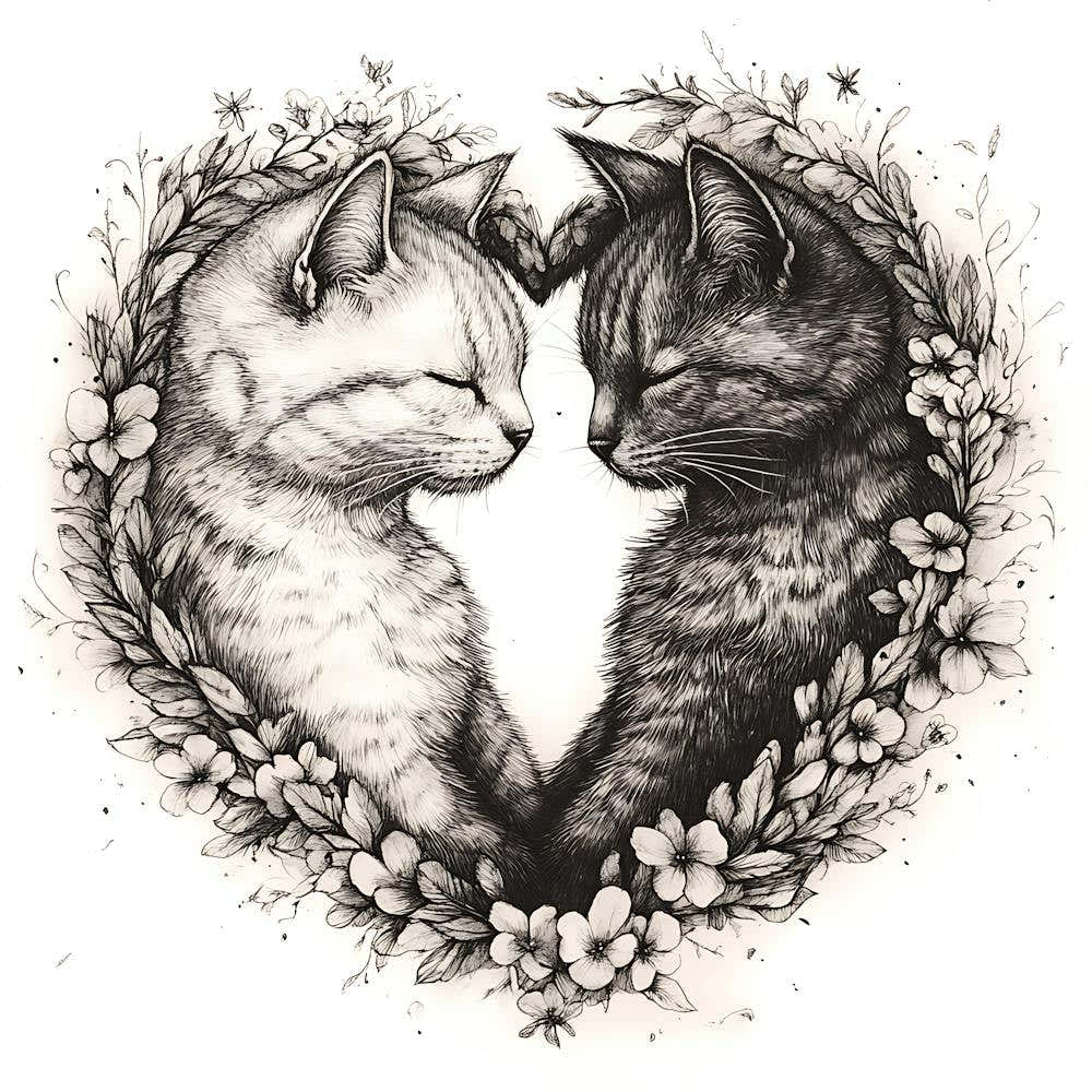 Delicate Ink Drawing of Cats Love Heart 11