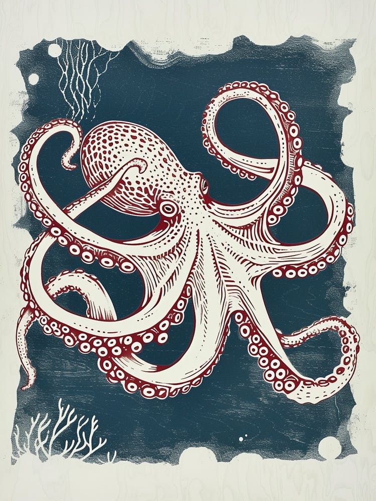 Red Linocut Inspired Octopus 1